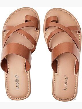 Wide Width Slide Sandals with Cushioned Footbed, Faux Leather